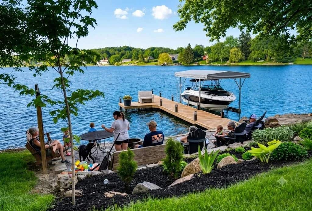 Bright Michigan waterfront with dock and boat lift over calm blue lake water